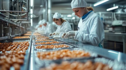 Team Inspecting Food Production Line in Factory