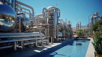Fototapeta premium A shimmering pool reflects the industrial symphony of shiny metal pipes, tanks, and valves, a stark contrast of nature and industry.