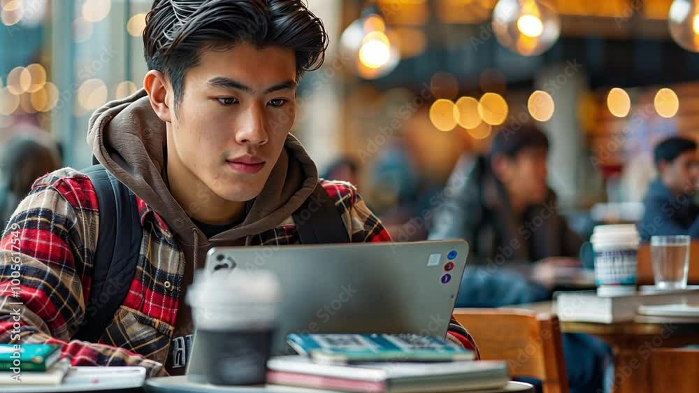 Aufkleber A student focuses intently on his laptop while seated at a cafe table filled with books, creating a productive learning environment amid the buzz of other patrons.