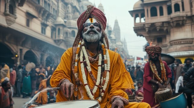 A man in a saffron robe and turban plays a drum in the street with smoke rising around him. - Powered by Adobe