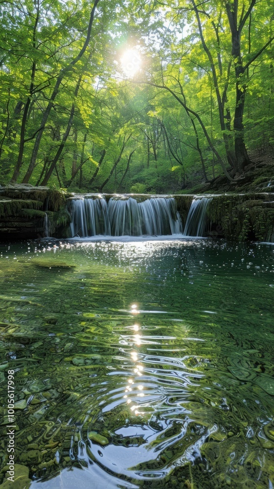 Wall mural A small waterfall in a lush green forest, with sunlight reflecting off the water. AI.