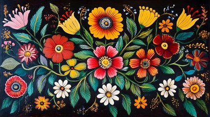 A traditional Indian art piece featuring intricate designs of flowers