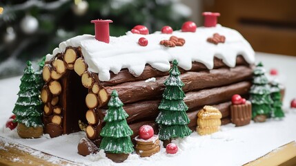 Delicious Christmas Yule Log Cake Decorated for the Festive Season, Featuring Rich Chocolate Flavor and Icing, Perfect for Holiday Celebrations and Dessert Tables. This Traditional Dessert Symbolizes 