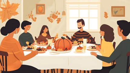 Warm and Cozy Thanksgiving Dinner with Family Gathered Around a Flat Designed Table Enjoying a Festive Meal Together During the Autumn Holiday Season
