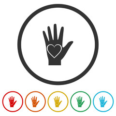 Heart on hand icon. Set icons in color circle buttons