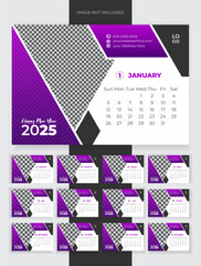Travel Agency Table Top or Desk calendar design template 2025. editable vector gradient minimal creative desk calendar design. start every week on sunday