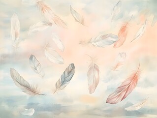 Fototapeta premium Delicate feather motifs in various soft colors and sizes drifting across a pastel hued backdrop