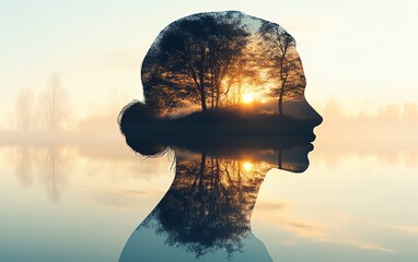 Silhouette of a human head featuring a tranquil landscape, representing inner calm and mental serenity, with clear copy space for messaging