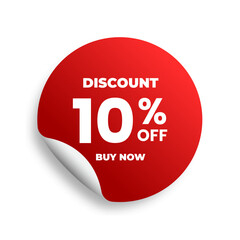 Discounts 10 percent off. Red sticker template on white bacakground. Vector illustration