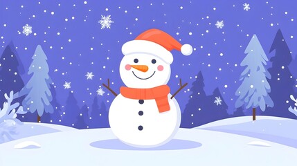 Cheerful and Festive Snowman Character Wearing a Cozy Christmas Hat in a Flat Design Style  Perfect for Holiday Greetings Seasonal Decor and Winter Themed Designs