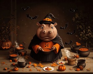A whimsical hippo wearing a witch's hat surrounded by Halloween decorations and treats.