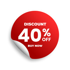 Discounts 40 percent off. Red sticker template on white background. Vector illustration
