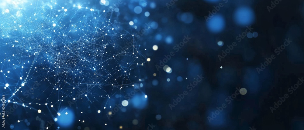 Poster this visual representation showcases a dynamic network of glowing points and lines, symbolizing the 