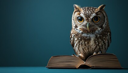 Wise owl perched with a book on a calming blue background, embodying wisdom and knowledge, clear copy space for educational messaging