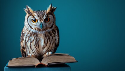 Wise owl perched with a book on a calming blue background, embodying wisdom and knowledge, clear copy space for educational messaging