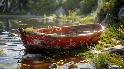 Fototapeta premium Red Boat on a Tranquil Lake - Nature Photography