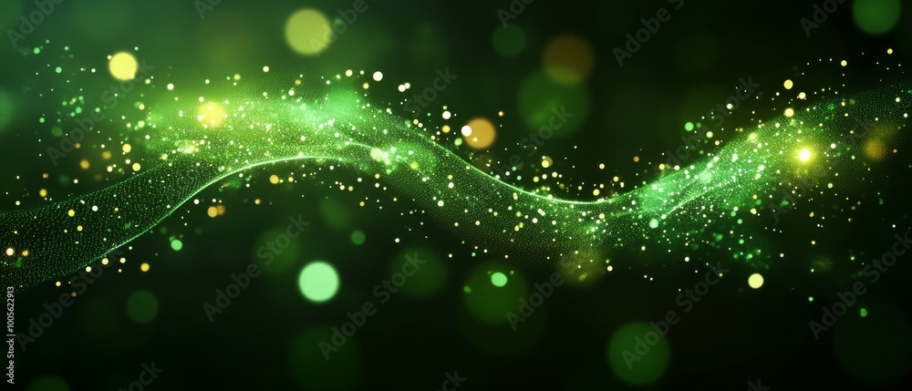Poster A captivating display of green abstract forms interspersed with glowing particles creates a mesmerizing visual effect, evoking a sense of tranquility and wonder