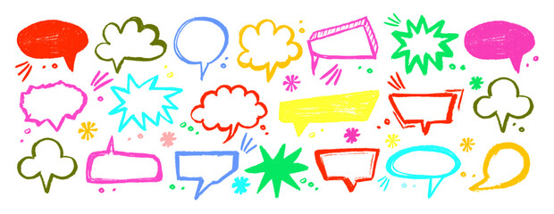 Empty colorful hand drawn grunge crayon, charcoal, chalk speech bubbles set in doodle style.