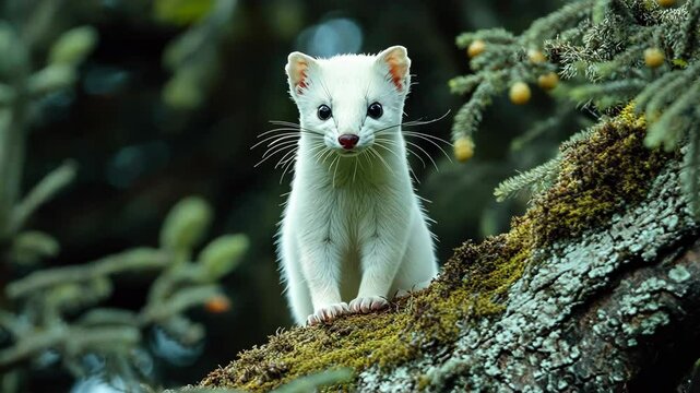 A white weasel sits on a mossy tree branch, looking directly at the camera