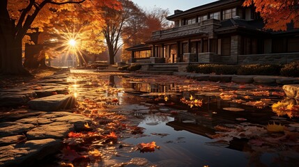 Golden Sunlight Bathes a Stone Structure and Reflects in a Pool Surrounded by Fallen Leaves