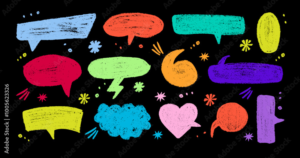 Wall mural chalk pencil speech bubbles doodle set. crayon communication frame, comic talk balloon in sketch sty