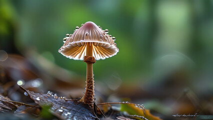 Forest Gem: Macro View of a Dew-Covered Mushroom