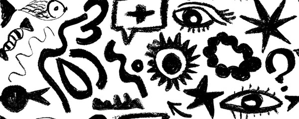 Seamless pattern  of hand drawn black charcoal doodle shapes and squiggles in childish girly style. Pencil drawings isolated on white. Eyes, stars, geometric shapes, fish and cloud doodle collage