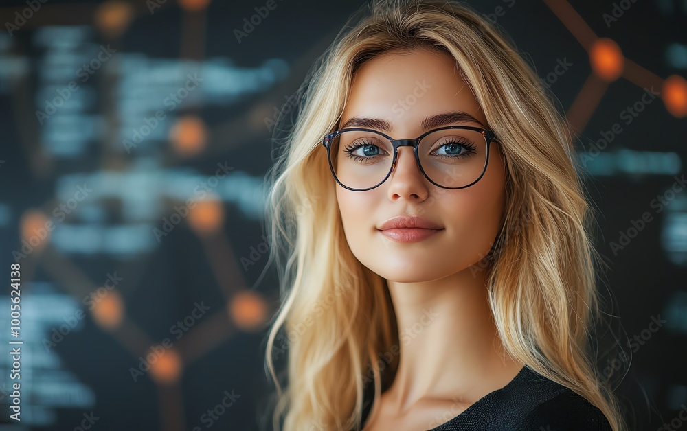Aufkleber Blonde Caucasian female data analyst in IT, with dynamic data flow graphics, showcasing a professional business look, clear space for text