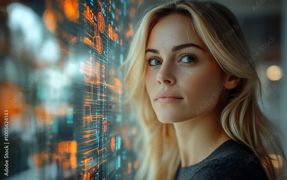 Poster blonde caucasian female data analyst in it, with dynamic data flow graphics, showcasing a profession