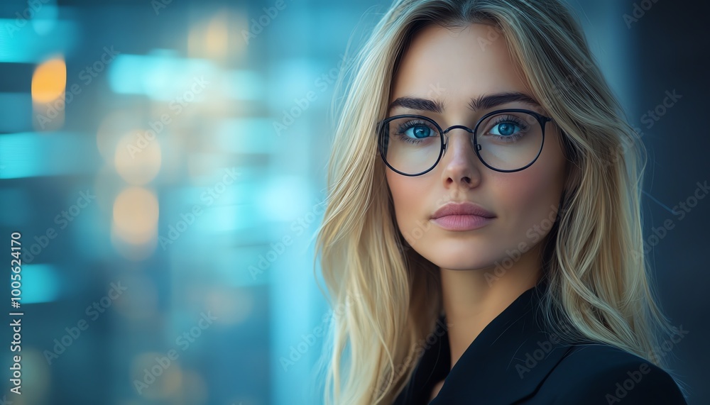 Poster blonde caucasian female it data analyst with data flow graphics, in a professional business context,