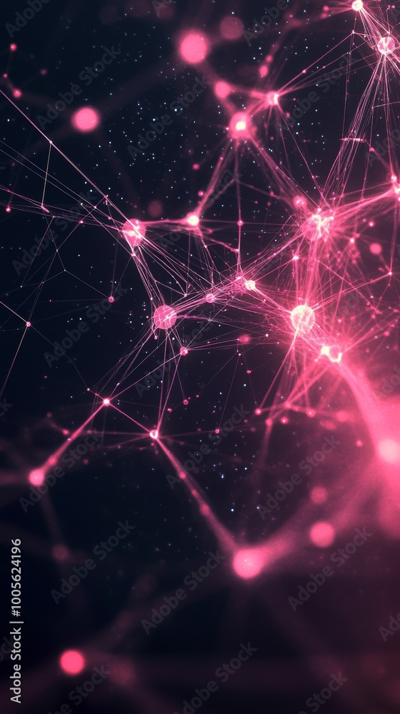 Poster a vibrant display of interconnected pink nodes and lines illuminated against a dark background, symb
