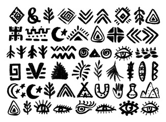Set with african, aztec pattern elements, symbols, icons, hand-drawn in doodle style. Set of abstract african tribal geometric shapes, ancient ethnic traditional symbols and ornate signs.