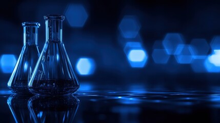 Two glass flasks with blue bokeh background, creating a scientific and immersive atmosphere in low light.