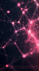 A vibrant display of interconnected pink nodes and lines illuminated against a dark background, symbolizing digital networks and data flow in technology