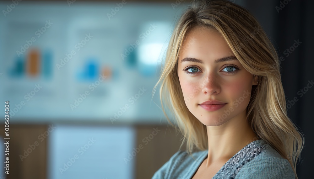 Aufkleber Blonde Caucasian female IT data analyst with data flow graphics, in a professional business context, featuring ample copy space for information