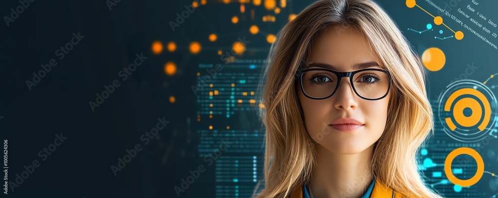Poster blonde caucasian woman data analyst in it with data flow elements around her, showcasing a professio