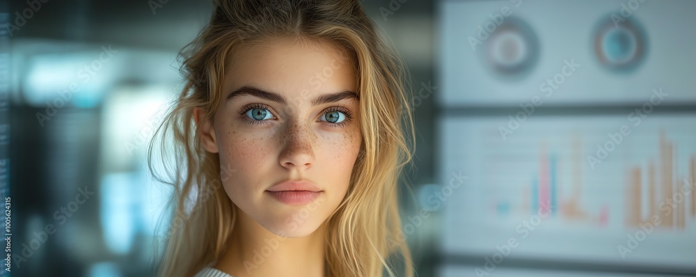Poster blonde caucasian woman data analyst in it with data flow elements around her, showcasing a professio