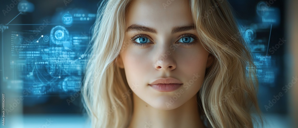 Aufkleber Blonde Caucasian woman in IT, portrayed as a data analyst with data flow graphics, emphasizing professionalism and expertise, with ample copy space