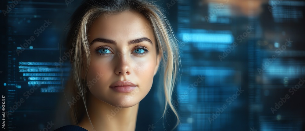 Aufkleber Blonde Caucasian woman in IT, portrayed as a data analyst with data flow graphics, emphasizing professionalism and expertise, with ample copy space