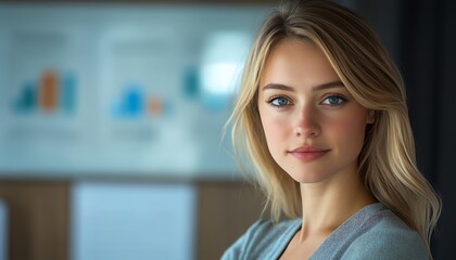 Blonde Caucasian female IT data analyst with data flow graphics, in a professional business context, featuring ample copy space for information