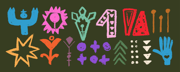 Set of aztec  totem idols, ancient inca Maya civilization primitive traditional signs and symbols. Vector collection Mexican colors. Indigenous culture symbols and mythic rituals.