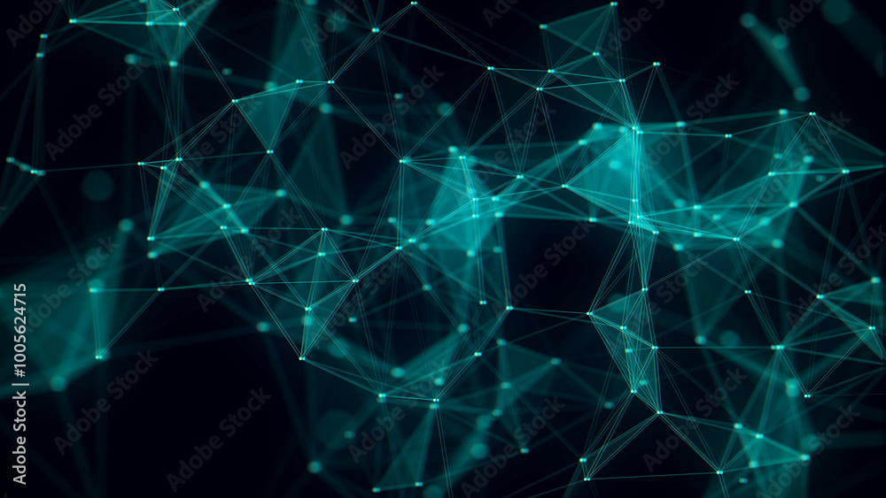 Aufkleber Network connection structure with glitch effect. Green science background. Abstract digital background. Big data visualization. 3d rendering.