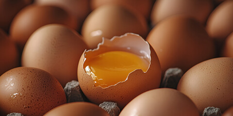 Raw Egg Cracked Open Among Fresh Brown Eggs