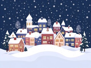 Picturesque Christmas village with snow covered rooftops and twinkling holiday lights creating a warm and magical atmosphere for the winter season