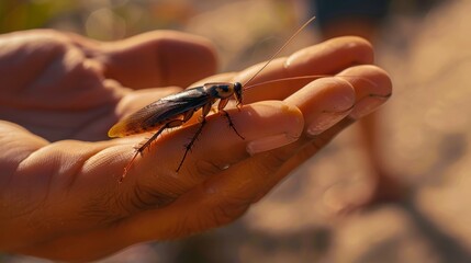 Obraz premium A close-up shot of a cockroach resting on a person's hand.