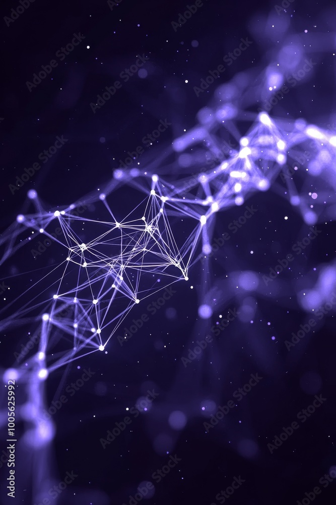 Poster complex network of glowing nodes and connecting lines illuminates in deep purple, symbolizing data e