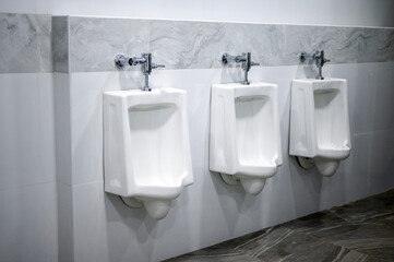 Urinals or toilets are arranged on the walls of the restrooms in new hospitals for men.