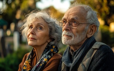 Elderly grandparents, a man and woman, thinking about the end of life, with a cemetery visible behind them, illustrating their reflections on mortality and legacy