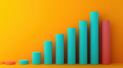 A colorful bar graph visualizes growth, featuring teal bars on an orange background with a prominent red bar indicating peak performance.