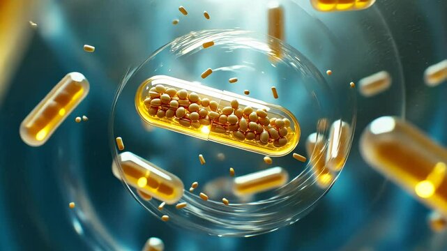 A large capsule with smaller capsules inside floats in a blue liquid